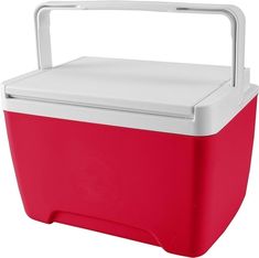 a red and white cooler is shown on a white background with the handle extended to it's side