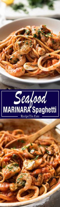 an image of seafood marinara spaghetti in a pan