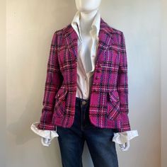 Vintage Escada Tweed Plaid Jacket With Gold Hardware Wool Blend Escada Woman’s Size 36/ Us Size 6 Excellent Condition Pink Wool Tweed Jacket For Fall, Pink Tweed Jacket For Office, Pink Casual Tweed Jacket For Work, Pink Wool Tweed Jacket For Work, Pink Tweed Jacket For Workwear, Casual Fitted Pink Tweed Jacket, Casual Pink Fitted Tweed Jacket, Pink Casual Tweed Jacket, Pink Tweed Office Jacket