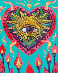 a painting of an all seeing heart surrounded by candles and flowers with the eye in the center