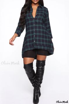 Olivia Mark - Womens Asymmetrical Turndown Collar Blouse in Blue Plaid Print Casual Blouse With Asymmetrical Hem For Work, Casual Asymmetrical Shirt For Workwear, Casual Shirt With Asymmetrical Hem For Work, Casual Asymmetrical Hem Tops For Daywear, Casual High-low Hem Blouse For Work, Casual Workwear Blouse With High-low Hem, Casual Fall Blouse With Asymmetrical Hem, Casual High-low Hem Blouse For Fall, Fitted Casual Asymmetrical Shirt