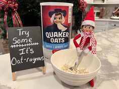 an elf is eating oatmeal out of a bowl