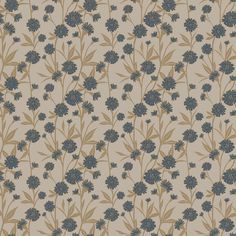 a wallpaper with blue flowers and green leaves on the bottom half of it, against a beige background