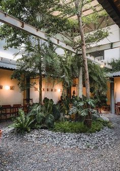 the interior of a restaurant with tables and plants on the gravel ground in front of it