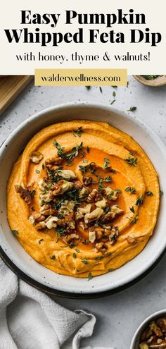 an easy pumpkin whipped reta dip with honey, thyle and walnuts