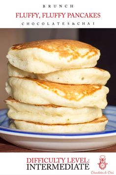 pancakes stacked on top of each other in a blue and white plate with text overlay