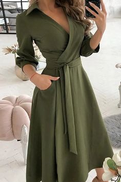 Fashion Elegant Print Solid Patchwork Frenulum V Neck A Line Dresses(10 Colors) Non-stretch V-neck Dress With Pockets, Khaki Dress For Fall, Khaki Fall Dress, Solid Color Khaki Fall Dress, Knee-length Khaki Dress For Fall, Elegant Green Patchwork Dress, Khaki Knee-length Dress For Fall, Khaki Knee-length Fall Dress, Long Sleeve Khaki Midi Dress For Spring