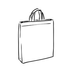 a black and white drawing of a shopping bag on a white background with the handle down