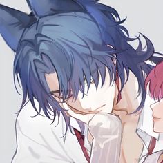 two anime characters one with blue hair and the other wearing red, hugging each other