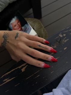 All Red Acrylic Nails, Red Detail Nails, Red Minimalist Nails, Sammi Jefcoate Nails, Red Hand Tattoo, French Nails Red, Red Nails Inspiration, Pink Red Nails, Red Tattoo Aesthetic