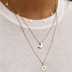 Material: Gold Plated Stainless Steel Length: 17.7" Tarnish Free Hypoallergenic Top Rated Seller Quick Shipper Open To Offers 1800+ Listings Sold Bocas Anime, Sun And Moon Necklace, Women Choker Necklace, Necklace Moon, Womens Chokers, Layered Necklace Set, Star Chain, Gold Sun, Friendship Necklaces