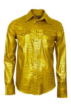 Western Shirt100% LambskinSnap Button Front ClosureSnap Button Flap PocketsMade In USAEuropean FabricCare:Professional Dry Clean Only Fitted Leather Button-up Top, Gold Shirt With Buttons For Fall, Gold Shirt With Button Closure, Fitted Gold Shirt With Button Closure, Luxury Fitted Shirt For Fall, Fitted Gold Top With Button Closure, Leather Shirts, Leather Shirt, Dry Clean Only