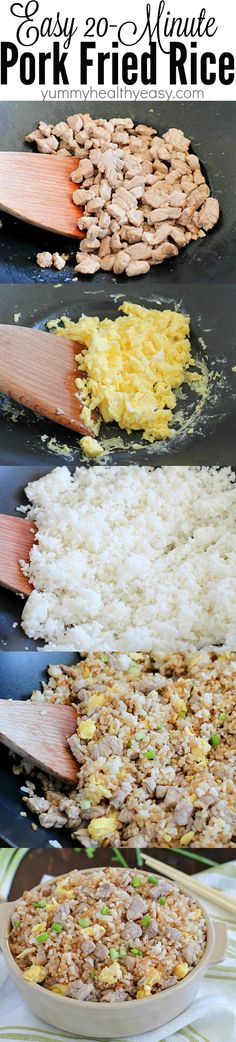 the process of making pork fried rice is shown in three different stages, including frying and cooking