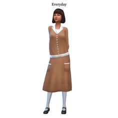 an animated woman wearing a brown dress and white collared shirt is standing in front of the