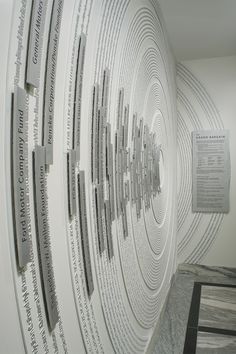 a large white wall with lots of information on it's sides in a museum