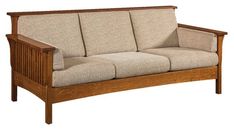 a wooden couch with beige upholstered fabric on the back and armrests