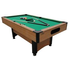 a pool table with two cues and balls on the top, in front of a white background