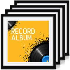 four framed records with the words record album in white and blue on yellow background, all lined up against each other