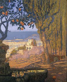 an orange tree in front of a painting