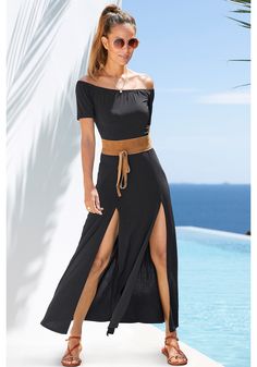 Black Carmen Neckline Maxi Dress X30023 | LASCANA Elegant Maxi Length Dress For Vacation, Elegant Split Midi Dress For Beach, Chic Long Skirt Maxi Dress For Day Out, Spring Off-shoulder Maxi Dress With Side Slits, Off-shoulder Maxi Dress With Side Slits For Spring, Off-shoulder Midi Dress With Side Slits For Summer, Chic Fitted Off Shoulder Maxi Dress, Summer Evening Off Shoulder Maxi Dress, Elegant Maxi Dress With Side Slits For Vacation