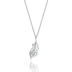 a silver necklace with a feather on it