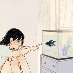 a drawing of a girl pointing at an aquarium