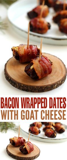 bacon wrapped dates with goat cheese on a wooden board and white plates in the background