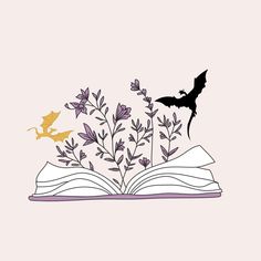 an open book with flowers and bats flying over it on a pink background, surrounded by purple leaves