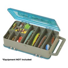 an open fishing tackle box filled with lots of different types of lures and hooks