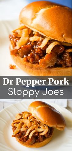 two pictures of sloppy joes with the words dr pepper pork sloppy joes on them