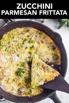 an omelet with broccoli and cheese in a skillet