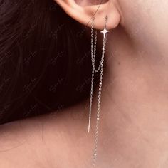 Long Drop Star Ear Threader Earrings Dainty Silver Linear Earrings With Delicate Chain, Dainty Silver Threader Earrings For Party, Silver Dainty Ear Climbers For Party, Dainty Silver Ear Climbers For Party, Silver Dangle Threader Earrings With Delicate Chain, Silver Delicate Chain Drop Threader Earrings, Silver Linear Earrings With Delicate Chain, Silver Long Drop Linear Earrings With Delicate Chain, Shine Like A Star