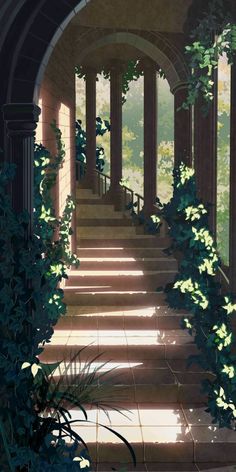 an artist's rendering of a hallway with columns and plants