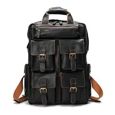 Genuine Leather Travel Office Laptop Backpack – Boho Living Room Leather Satchel Backpack For Outdoor Activities, Brown Travel Backpack With Multiple Pockets, Large Capacity Leather Satchel Backpack For Trips, Rectangular Leather Backpack For Outdoor Activities, Black Leather Travel Bag For Outdoor Activities, Black Leather Travel Bag For Outdoor, Black Leather Outdoor Travel Bag, Outdoor Leather Backpack With Large Capacity, Leather Backpack With Large Capacity For Outdoor