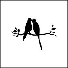 two birds sitting on top of a branch with leaves in the foreground and one is kissing