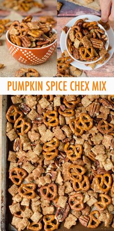 pumpkin spice chex mix in a bowl and on a table with pretzels