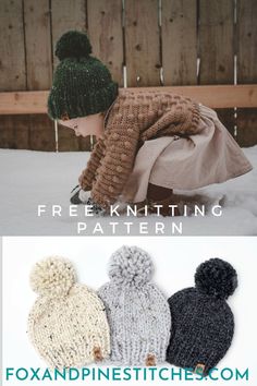 three knitted hats with text overlay that reads free knitting pattern