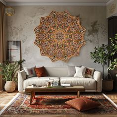 a living room filled with furniture and a large wall hanging over the top of it