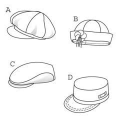 four different hats are shown in black and white