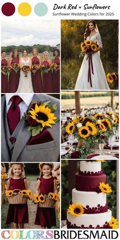 sunflower wedding color scheme for the bride and groom in maroon, white, yellow and green