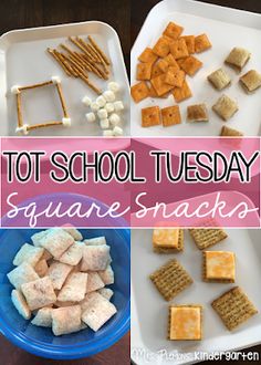 several different types of snacks on trays with the words, tot school tuesday square snacks