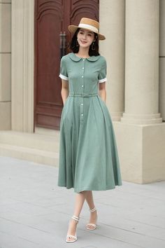 Embrace a chic day out with this green midi linen swing dress. Perfect blend of comfort and style. 🌼 

SKU 5148 
Link in bio 

#Fashion #GreenDress #LinenLove #SwingDress #StyleInspiration #Xiaolizihandmade Spring Linen Midi Dress For Garden Party, Spring Mid-length Shirt Dress For Day Out, Spring Linen A-line Midi Dress, Classic Summer Linen Day Dress, Spring Mid-length Linen Dress For Daywear, Spring Summer Linen Dress For Garden Party, Spring Midi Linen Dress For Garden Party, Summer Green Cotton Shirt Dress, Classic Linen Summer Dress For Daywear