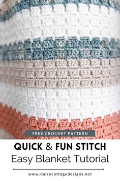 a crocheted pillow with the text, quick and fun stitch easy blanket