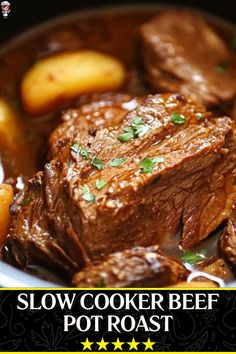 slow cooker beef pot roast with potatoes and parsley on the side in a white bowl