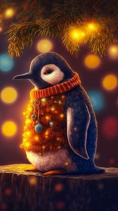 a penguin wearing a christmas sweater sitting under a tree with lights on it's branches