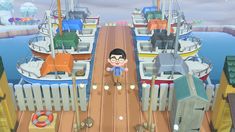 an animated image of a person standing on a dock with boats in the water behind them