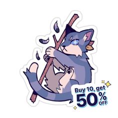 a sticker with an image of a cat holding a broom and the words buy 10 get 50 % off