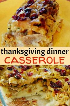 thanksgiving dinner casserole with turkey and cranberries in it on a yellow plate