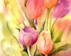 watercolor painting of pink and orange tulips