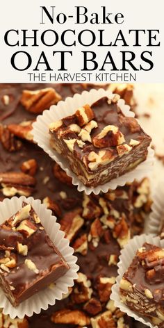 no - bake chocolate oat bars with walnuts on top and text overlay